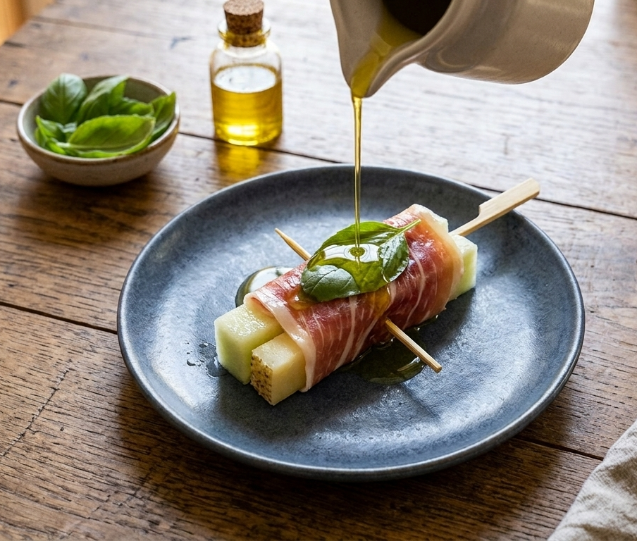 Delicia de melón con Jamón Ibérico y Queso Payoyo semicurado emplatada