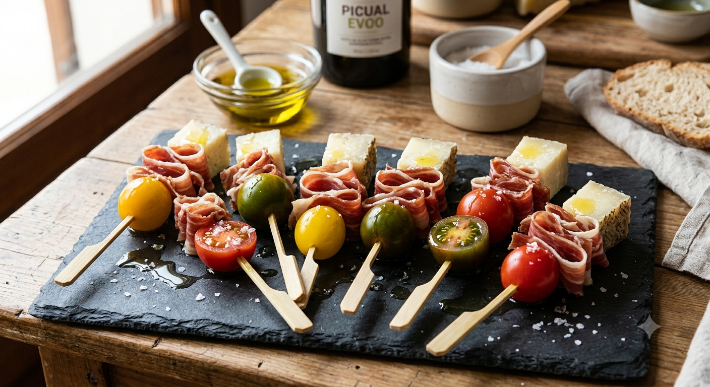 Brochetas de tomate cherry, Jamón Ibérico y Queso Payoyo curado con aceite Picual