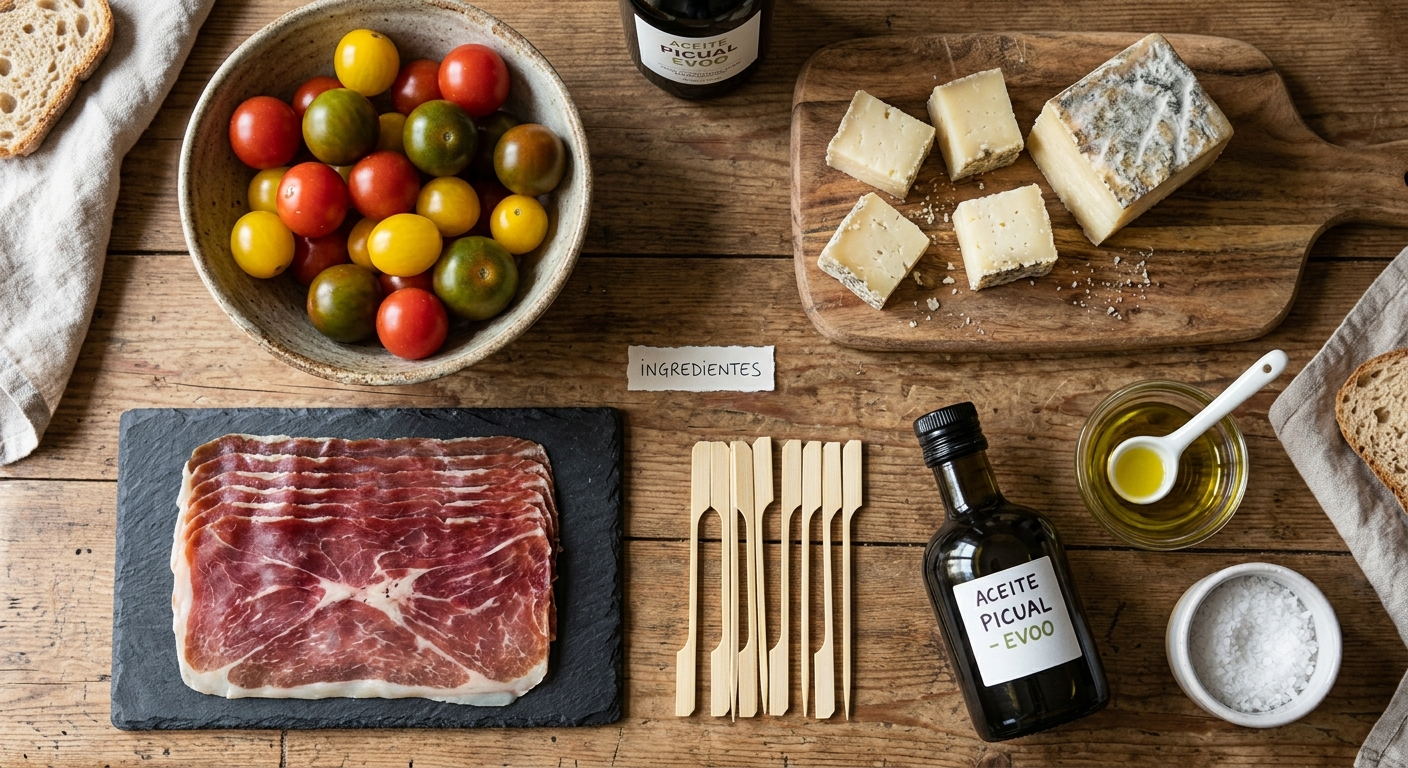 Ingredientes para las brochetas de tomate cherry, jamón ibérico y queso Payoyo curado
