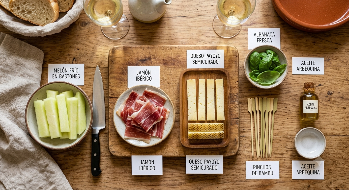 Ingredientes para la delicia de melón con Jamón Ibérico y Queso Payoyo